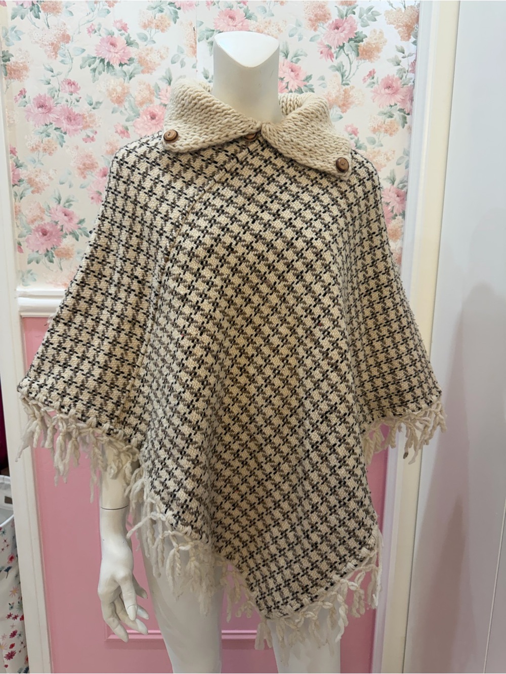 100-% wool Woven Fringe Poncho Sweater in Cream and Black